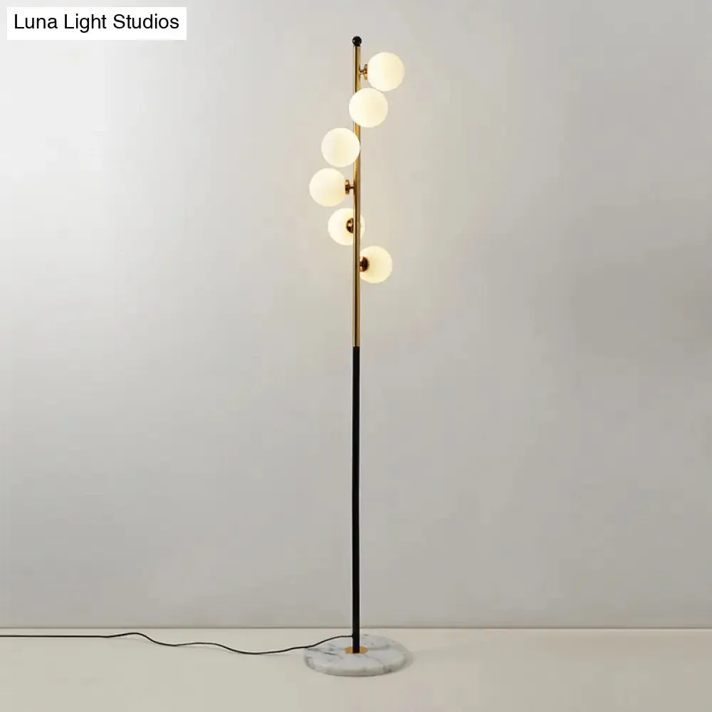 Minimalist Spiral Design - Gold and Black Ball Floor Lamp with 6-Bulb Cream Glass