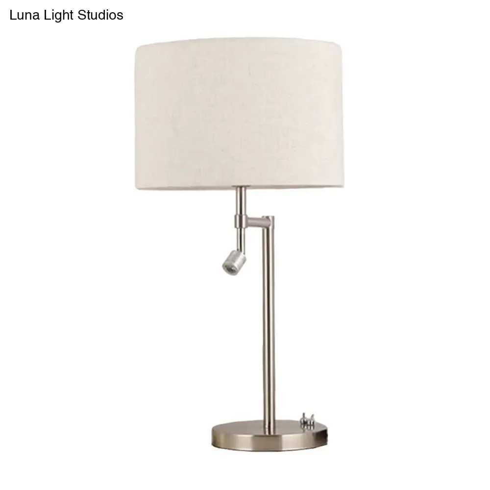 Minimalist White Nightstand Light with Swivelable Spotlight - Fabric Drum Shaped Table Lighting