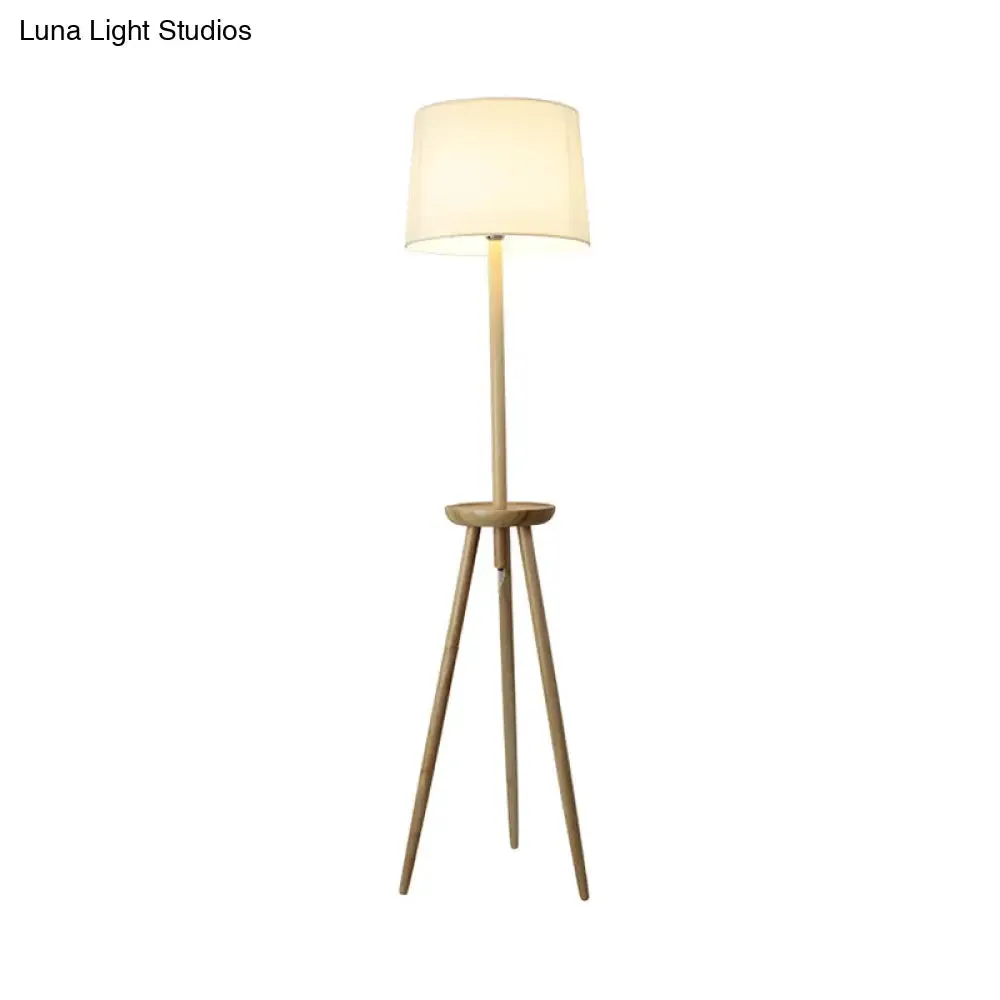 Minimalist Wood Tri-Legged Floor Lamp with Drum Fabric Shade and Table – Beige Stand Light