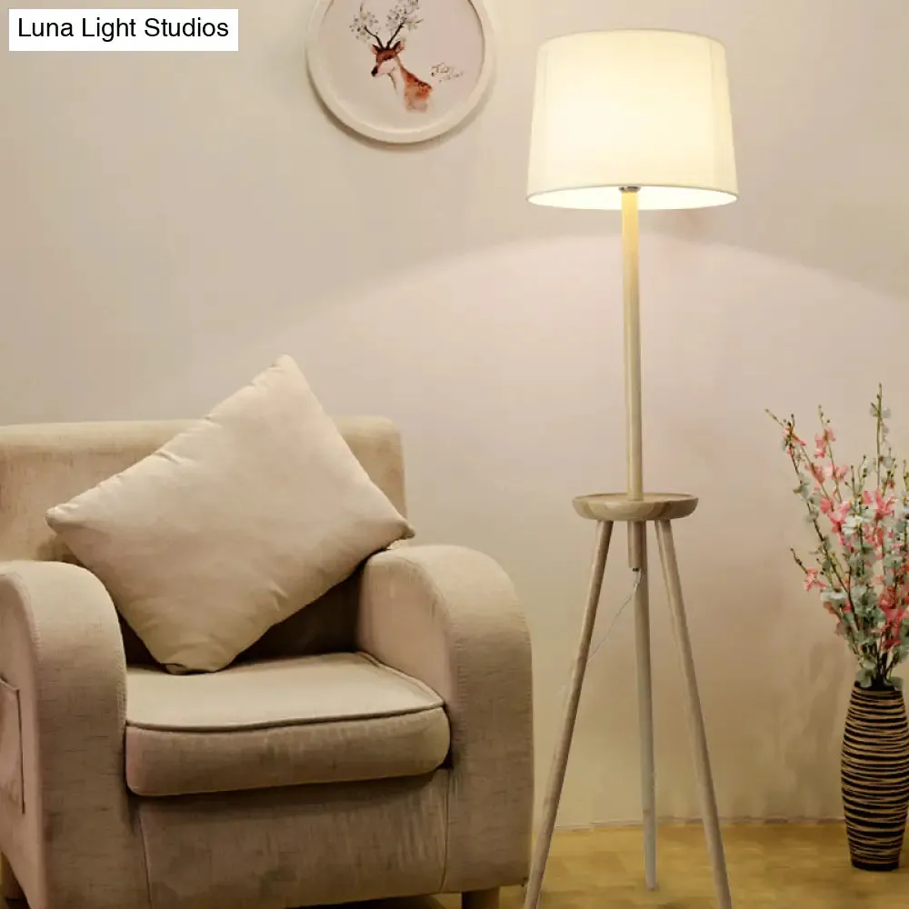 Minimalist Wood Tri-Legged Floor Lamp with Drum Fabric Shade and Table – Beige Stand Light