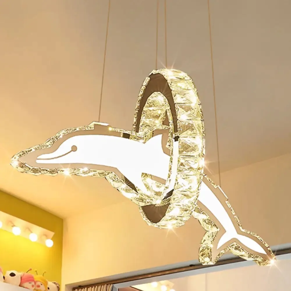 Minimalistic LED Dolphin Chandelier: Clear Crystal Pendant for Dining Room Lighting