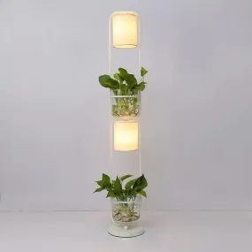 Modern 2-Headed Cylindrical Fabric Floor Lamp with Glass Plant Jar