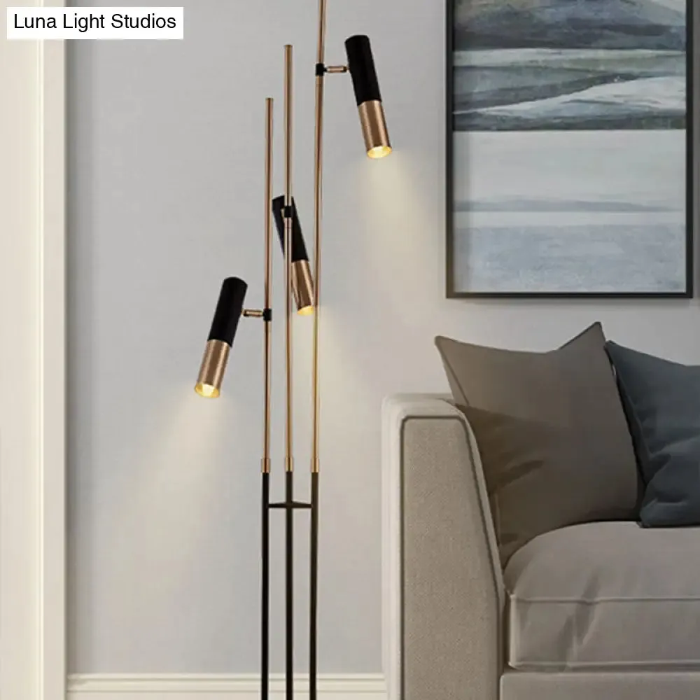 Modern 3-Light Floor Lamp in Gold and Black with Tubular Spotlight and Metal Shade