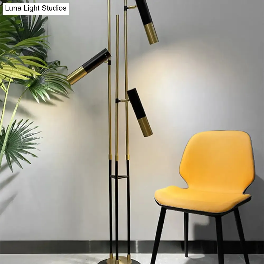 Modern 3-Light Floor Lamp in Gold and Black with Tubular Spotlight and Metal Shade