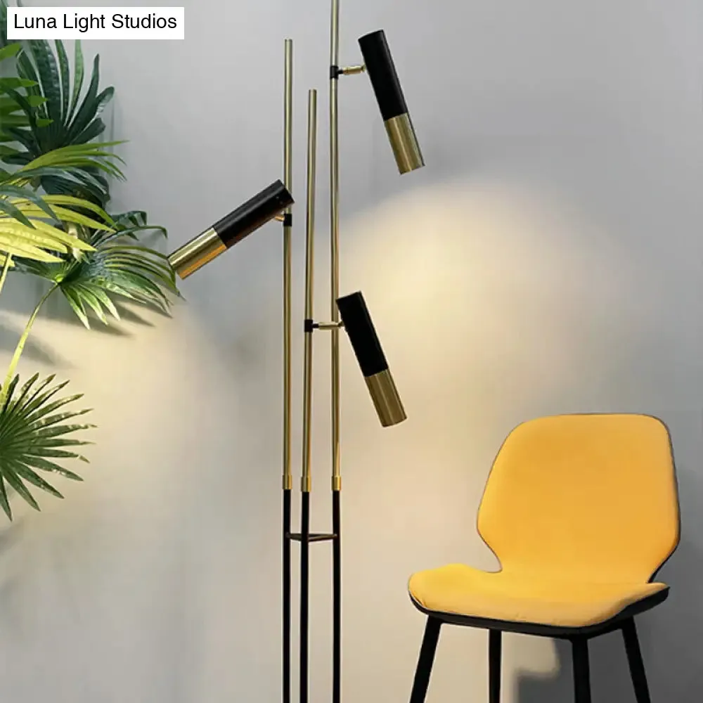 Modern 3-Light Floor Lamp in Gold and Black with Tubular Spotlight and Metal Shade