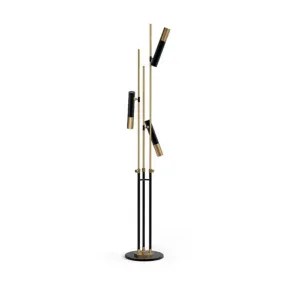 Modern 3-Light Floor Lamp in Gold and Black with Tubular Spotlight and Metal Shade