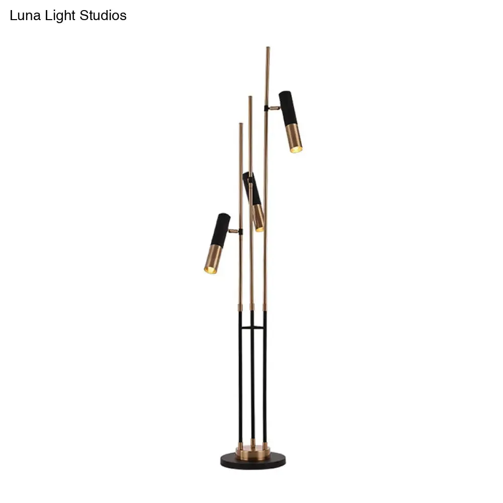 Modern 3-Light Floor Lamp in Gold and Black with Tubular Spotlight and Metal Shade