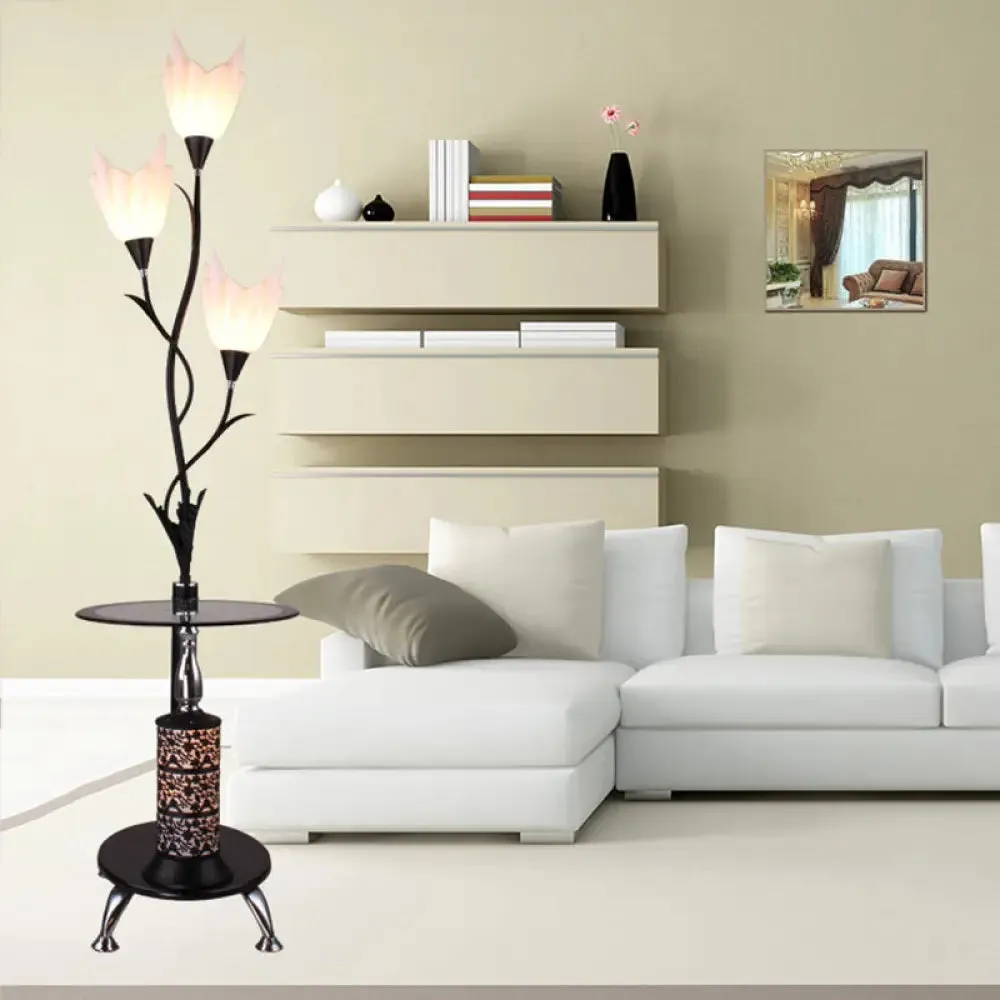 Modern Black 3-Head Tray Floor Lamp with Acrylic Flower Accent - Ideal for Living Room Décor