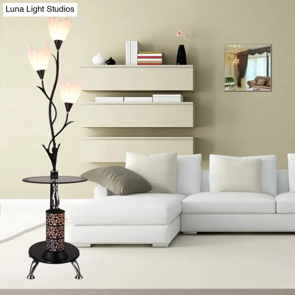 Modern Black 3-Head Tray Floor Lamp with Acrylic Flower Accent - Ideal for Living Room Décor