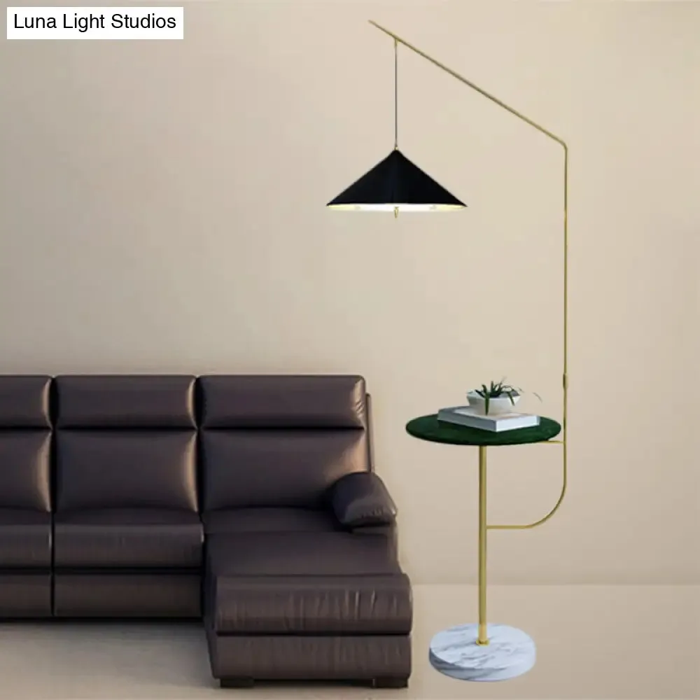 Modern Black and Gold Metallic Conic Shade Floor Lamp with Shelf