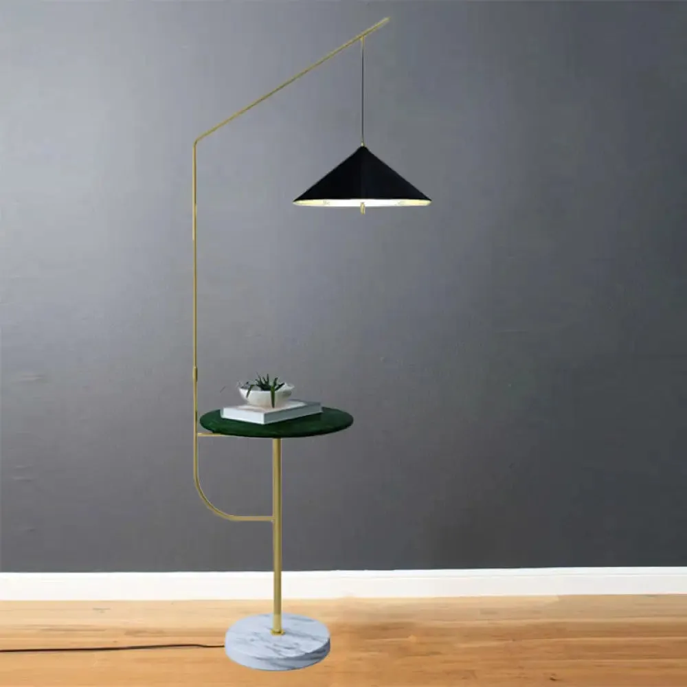 Modern Black and Gold Metallic Conic Shade Floor Lamp with Shelf