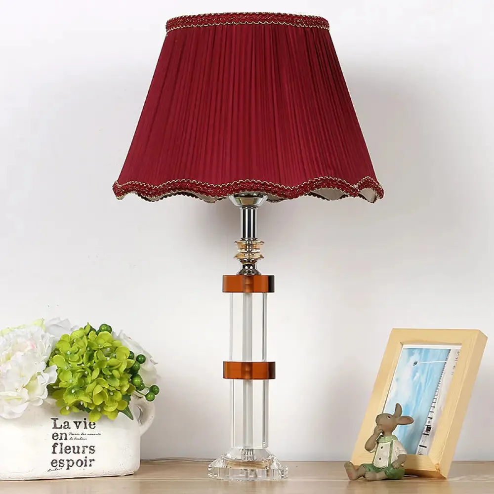 Modern Clear Crystal Nightstand Light – Scalloped Design, Red Shade, 1-Bulb Bedroom Table Lamp