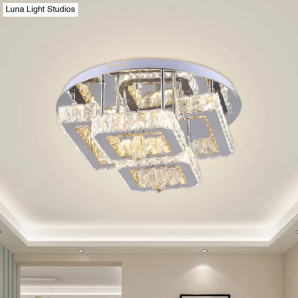 Modern Crystal Flush Mount LED Ceiling Lamp in Chrome with Remote Control Dimming - Perfect for Dining Room