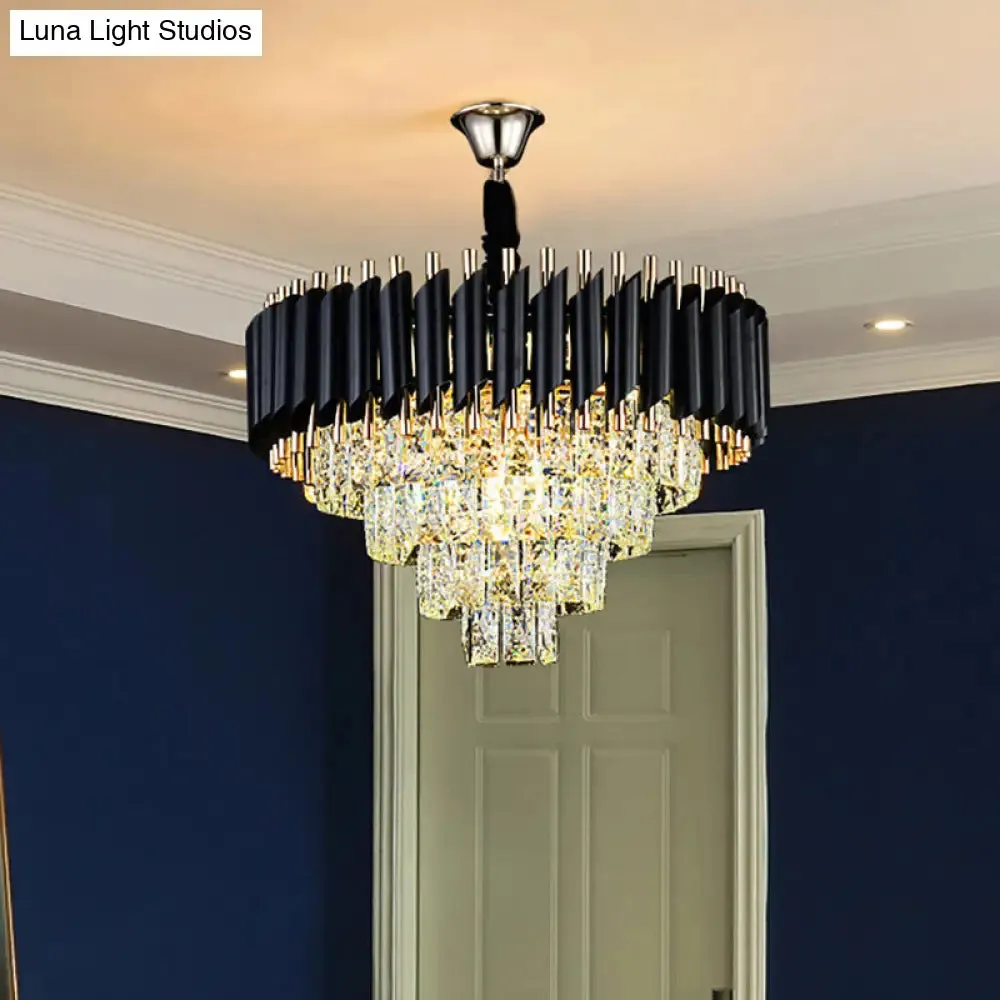 Modern Crystal Pendant Chandelier with Multi-Lights & Black Shade - Circular Hanging Light Kit