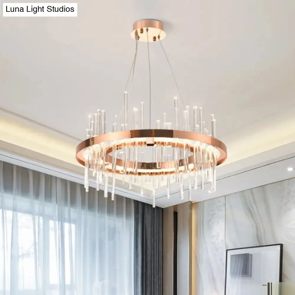 Modern Crystal Strip LED Chandelier - Rose Gold Circle Ceiling Suspension Lamp for Bedroom