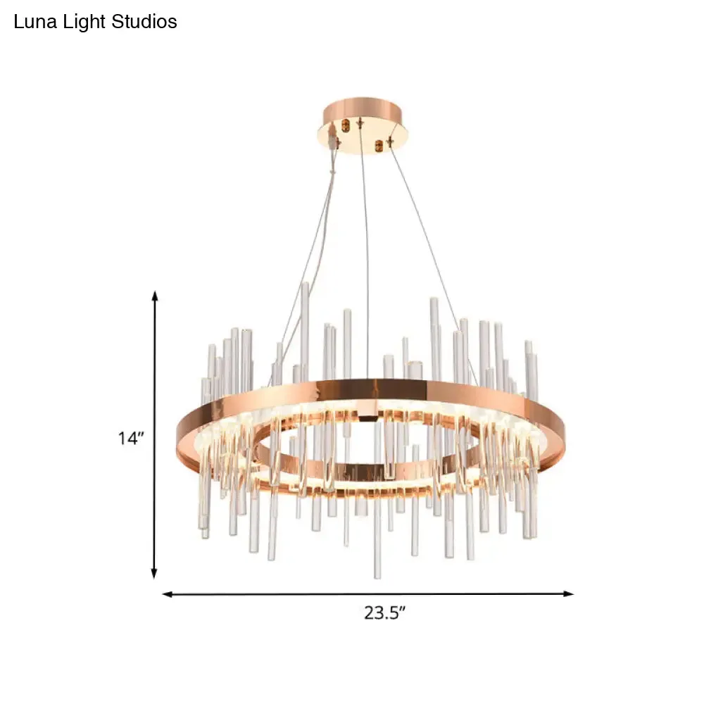 Modern Crystal Strip LED Chandelier - Rose Gold Circle Ceiling Suspension Lamp for Bedroom