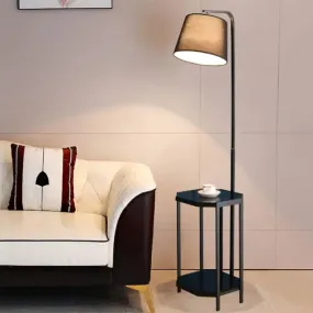 Modern Floor Lamp with 2-Tier Shelf - Bucket Design, Fabric Shade