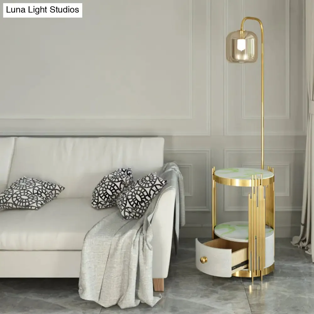 Modern Glass Cylinder Floor Lamp with Table, Drawer and Gooseneck Design