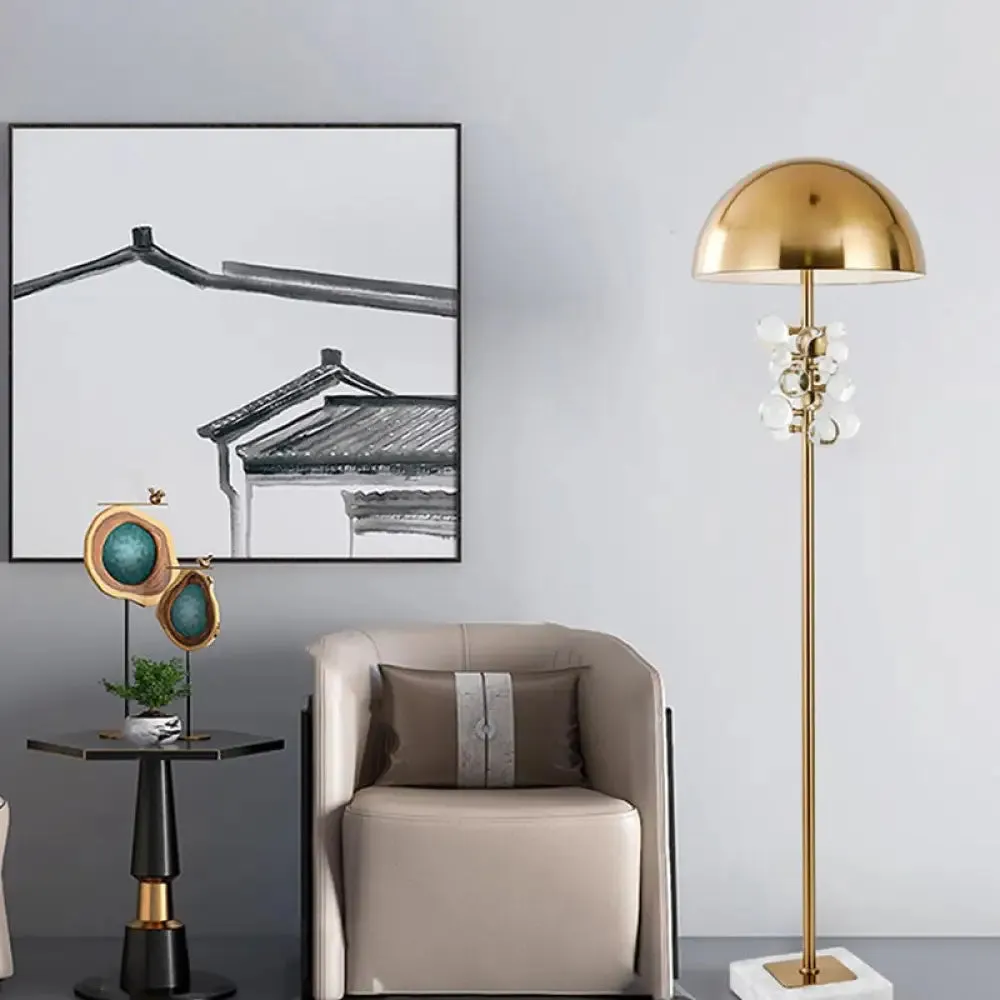 Modern Gold Floor Lamp with Metallic Domed Shape and Crystal Drip Accents