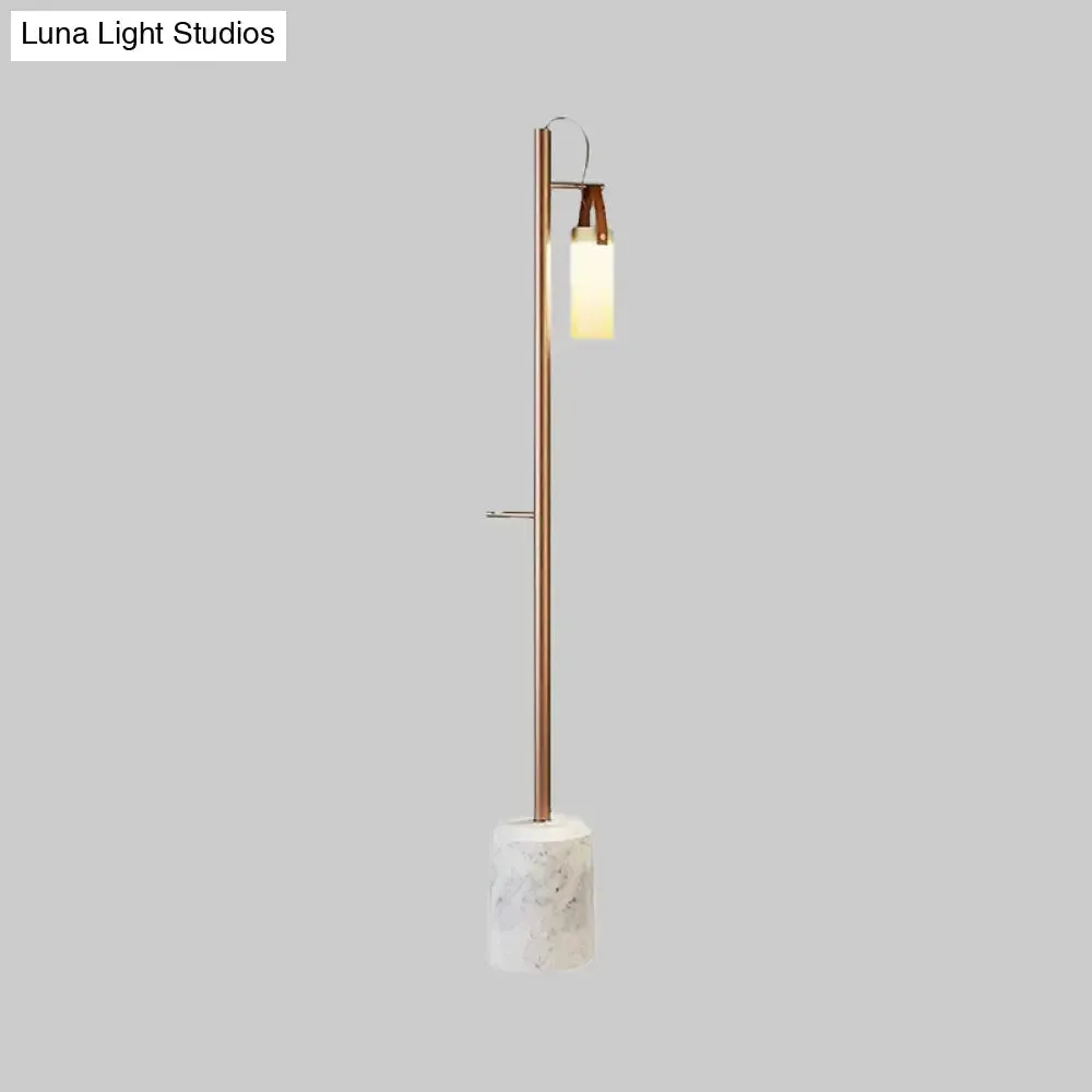 Modern Gold Tubular Floor Lamp with Opal Glass Shade & Leather Handle