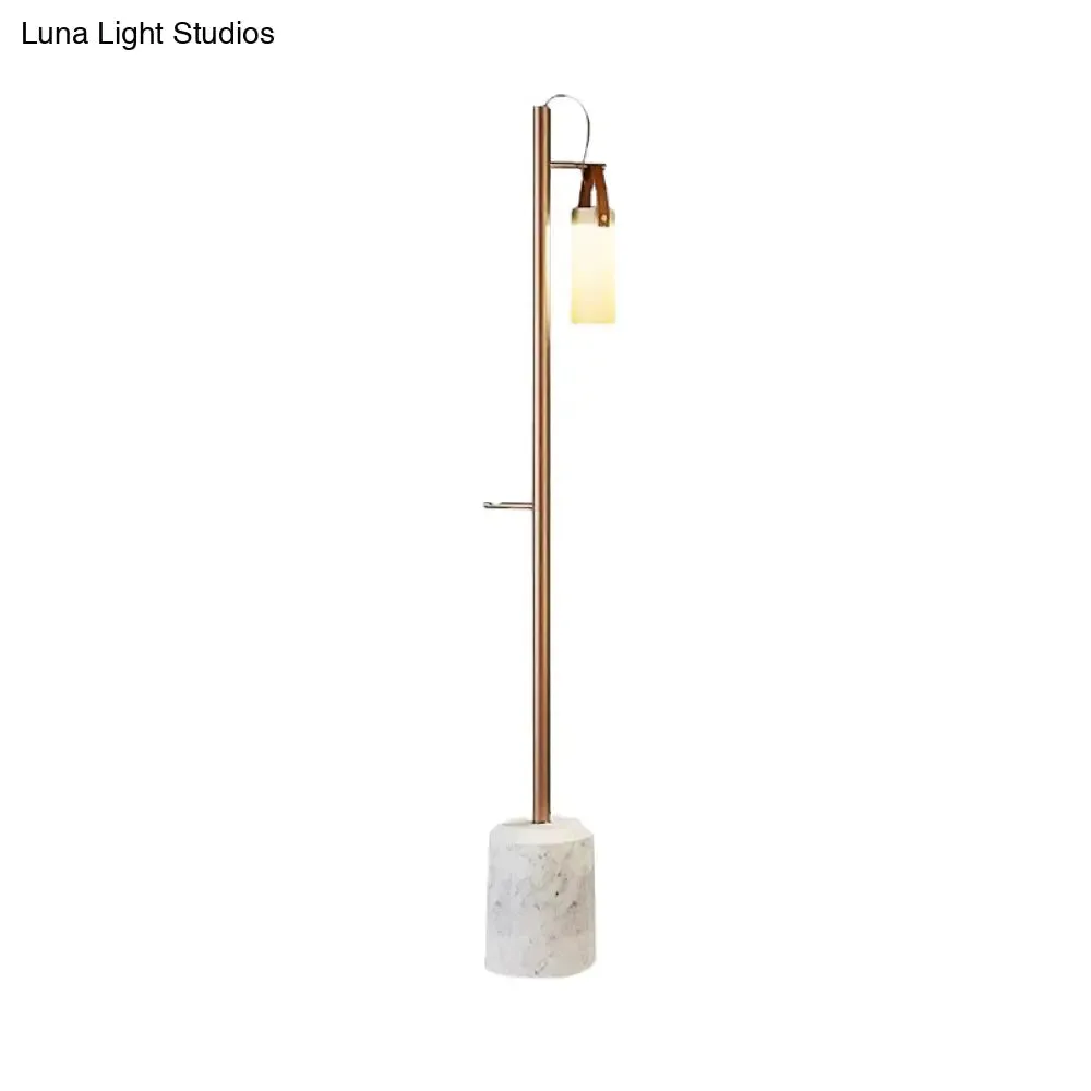 Modern Gold Tubular Floor Lamp with Opal Glass Shade & Leather Handle