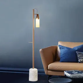 Modern Gold Tubular Floor Lamp with Opal Glass Shade & Leather Handle