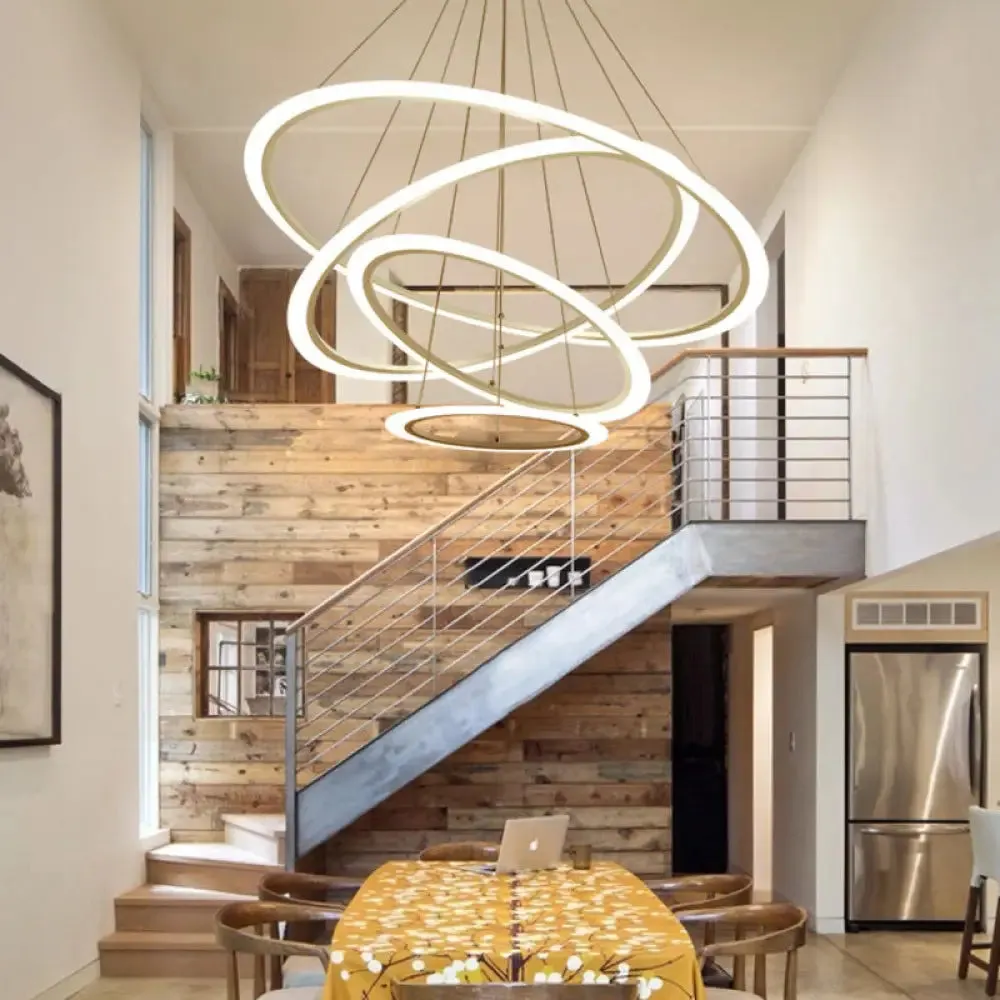 Modern LED Acrylic Hanging Pendant Light - White Circular Stairway Chandelier