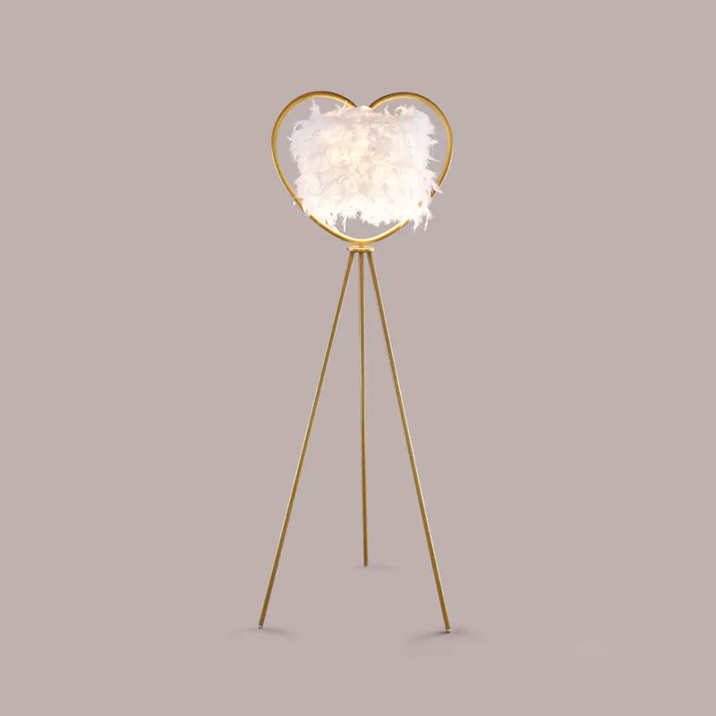 Modern Metallic 1-Head Black/Gold Finish Floor Lamp with Feather Shade & Loving Heart Frame