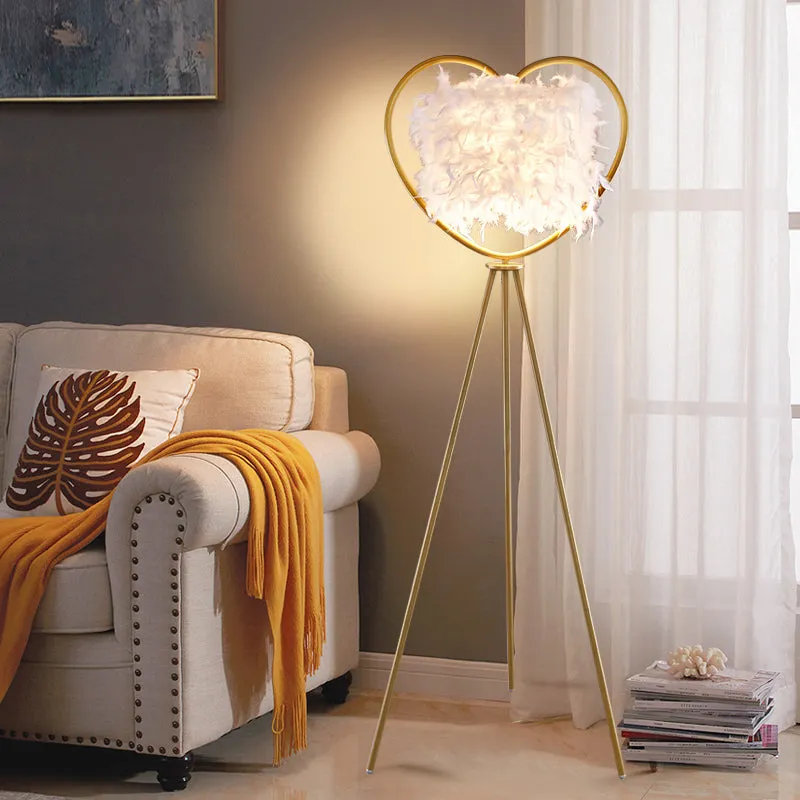 Modern Metallic 1-Head Black/Gold Finish Floor Lamp with Feather Shade & Loving Heart Frame