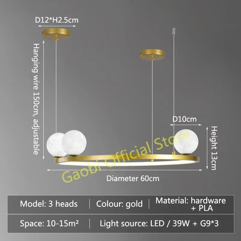 Modern Simple Moon Chandelier Lighting 3D Printing Black Or Gold Creative LED Hanging Lamp For Dining Living Room Bedroom Home