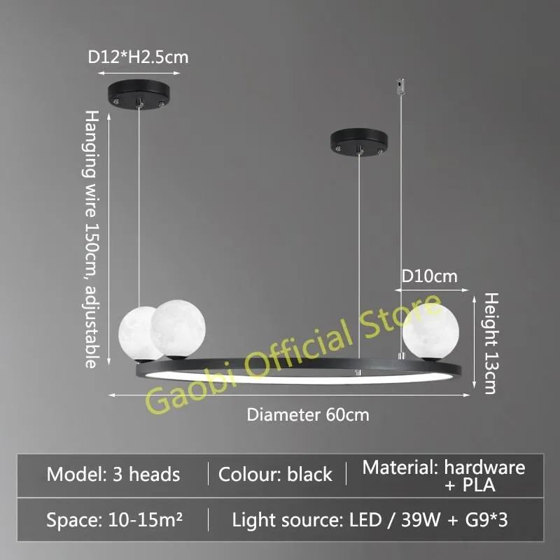 Modern Simple Moon Chandelier Lighting 3D Printing Black Or Gold Creative LED Hanging Lamp For Dining Living Room Bedroom Home