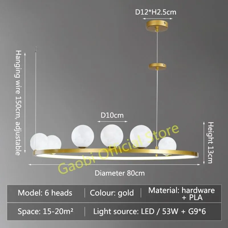 Modern Simple Moon Chandelier Lighting 3D Printing Black Or Gold Creative LED Hanging Lamp For Dining Living Room Bedroom Home