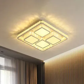 Modern White Faceted Crystal Square LED Ceiling Light for Bedroom