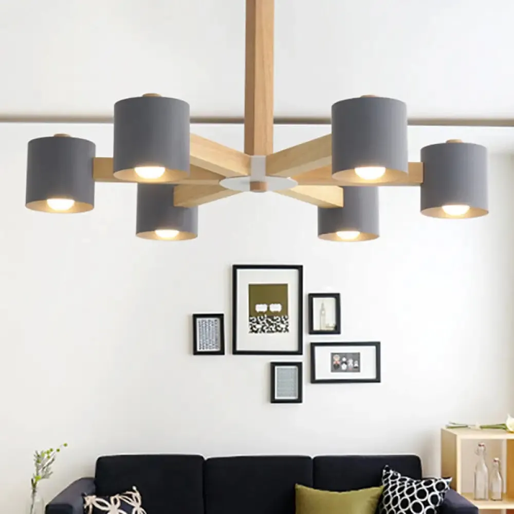 Modern Wood Cylindrical Kid's Bedroom Pendant Light with Shade - Ceiling Chandelier