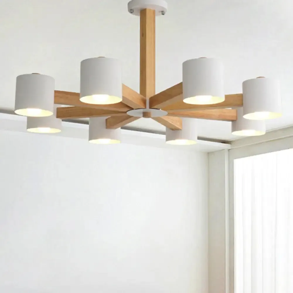 Modern Wood Cylindrical Kid's Bedroom Pendant Light with Shade - Ceiling Chandelier