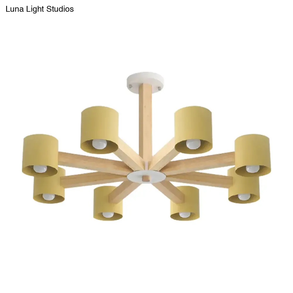 Modern Wood Cylindrical Kid's Bedroom Pendant Light with Shade - Ceiling Chandelier