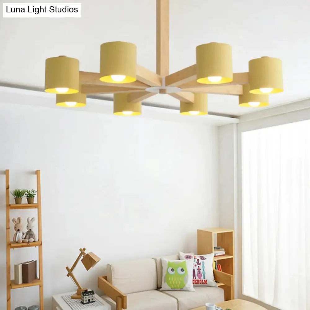 Modern Wood Cylindrical Kid's Bedroom Pendant Light with Shade - Ceiling Chandelier