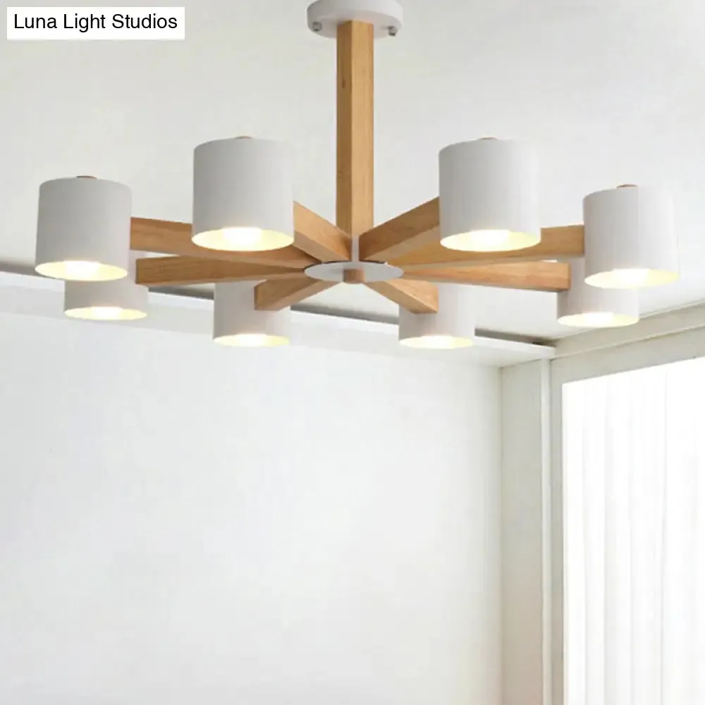 Modern Wood Cylindrical Kid's Bedroom Pendant Light with Shade - Ceiling Chandelier