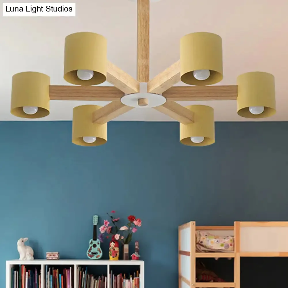 Modern Wood Cylindrical Kid's Bedroom Pendant Light with Shade - Ceiling Chandelier