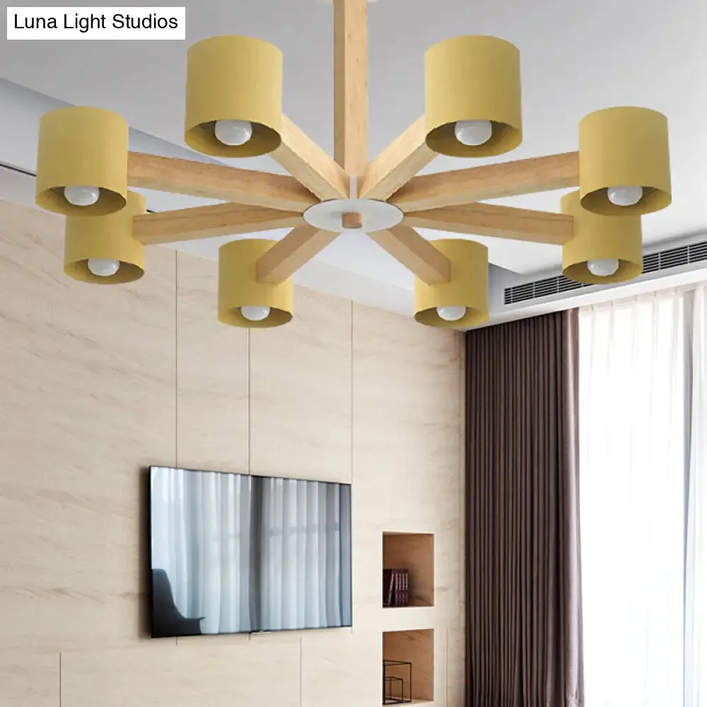 Modern Wood Cylindrical Kid's Bedroom Pendant Light with Shade - Ceiling Chandelier