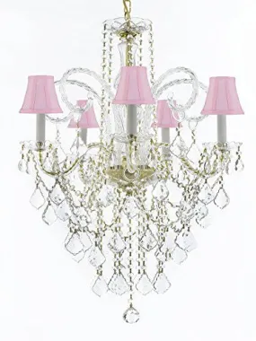 Murano Venetian Style All-Crystal Chandelier Lighting With Pink Shades H30" X W24" - G46-Sc/Pinkshade/Cg/3/385/5