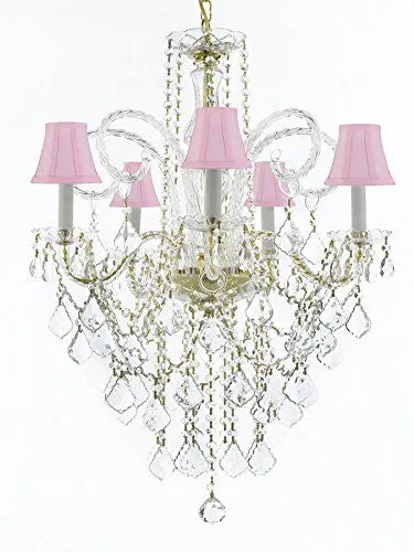 Murano Venetian Style All-Crystal Chandelier Lighting With Pink Shades H30" X W24" - G46-Sc/Pinkshade/Cg/3/385/5