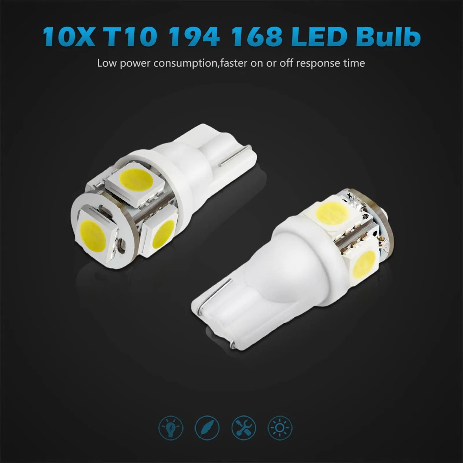 Partsam 194 168 LED Bulbs White, Super Bright T10 2825 Car Interior Dome Lights Bulbs 6000K 5050-SMD Chipsets Error Free for Car Dome Map Door Courtesy License Plate Lights, 10Pcs