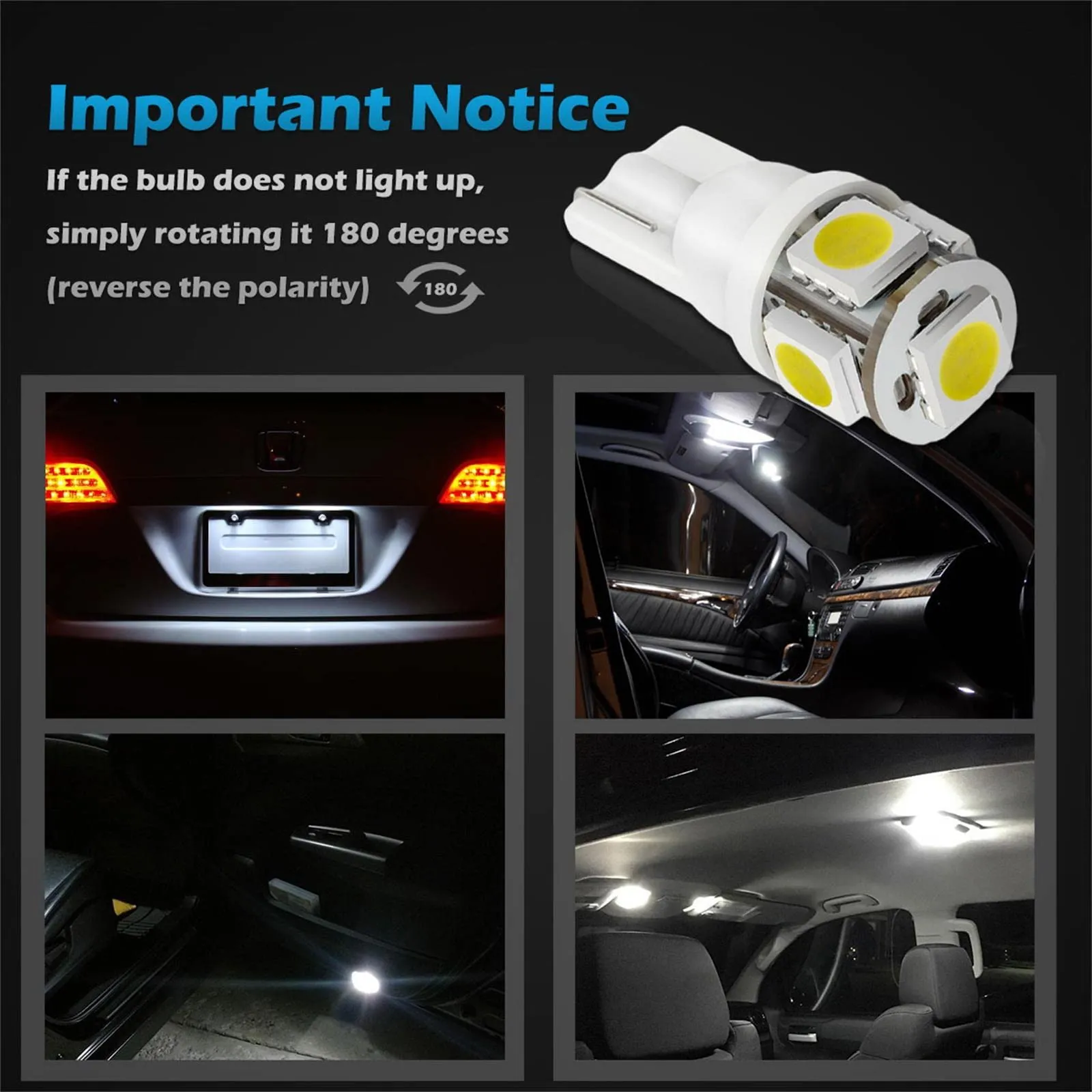 Partsam 194 168 LED Bulbs White, Super Bright T10 2825 Car Interior Dome Lights Bulbs 6000K 5050-SMD Chipsets Error Free for Car Dome Map Door Courtesy License Plate Lights, 10Pcs