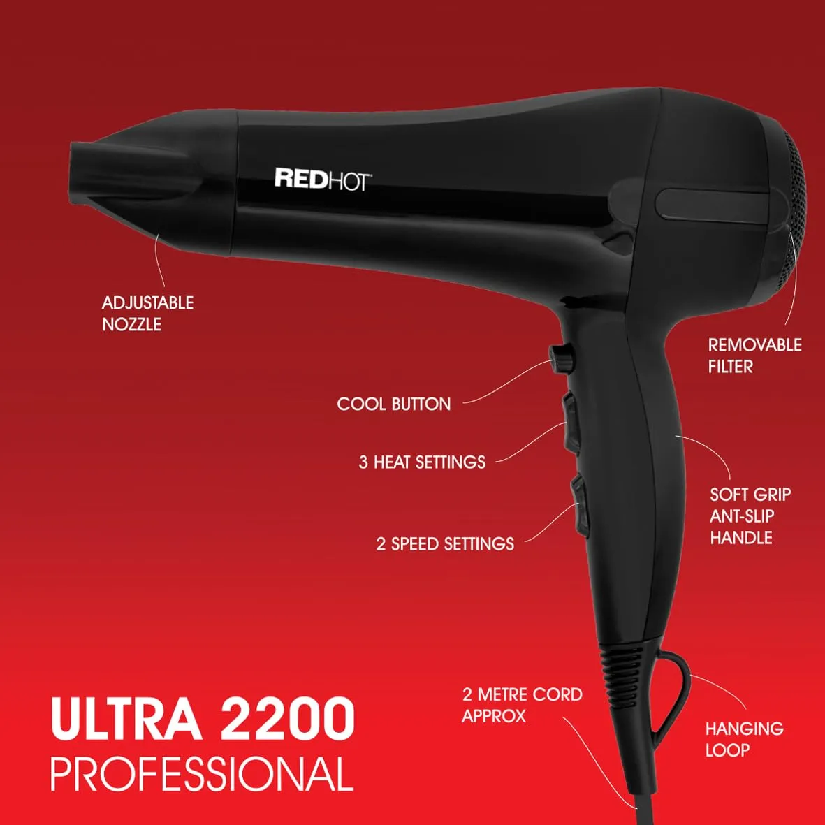 Red Hot 37069 2200W Professional Hair Dryer/Removable Nozzle / 3 Heat Settings, 2 Speed Settings & Cool Air Mode/Salon Quality/Black