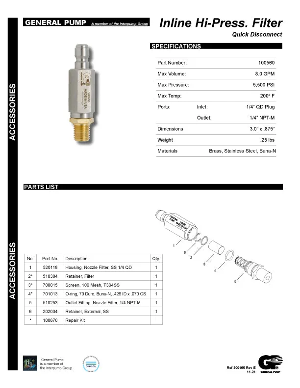 REPAIR KIT FOR GENERAL PUMP INLINE 5000 PSI FILTER - (6016)