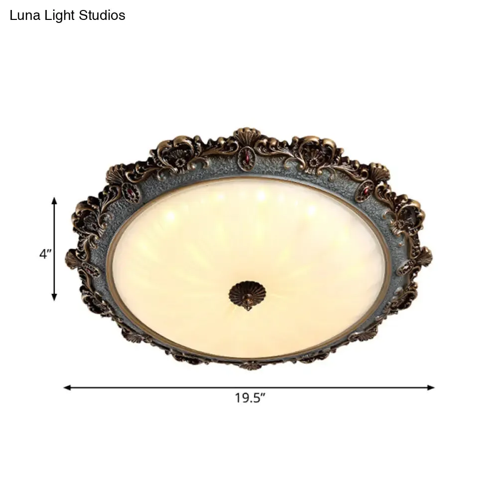 Rustic Brass Scalloped Round Flush Mount Ceiling Fixture with Milk Glass - LED, 3 Sizes - Countryside Bedroom Lighting