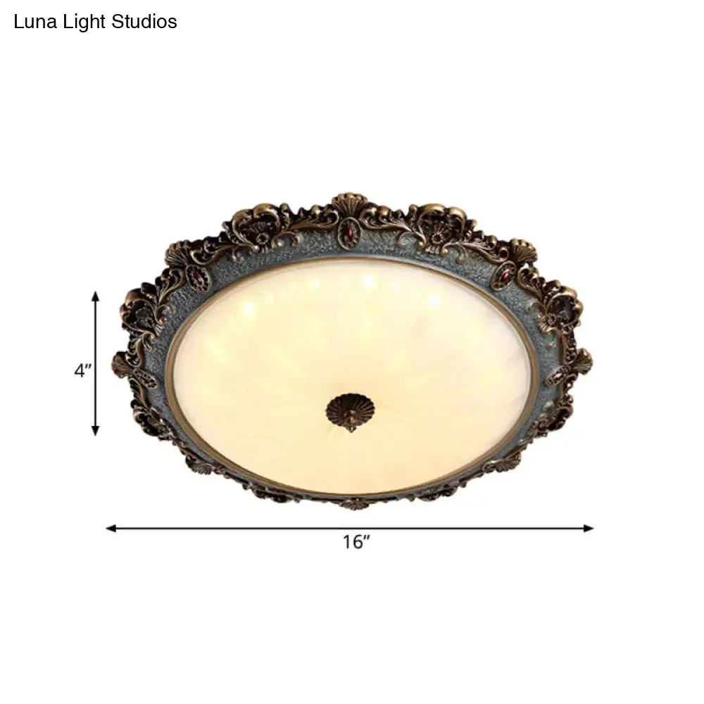 Rustic Brass Scalloped Round Flush Mount Ceiling Fixture with Milk Glass - LED, 3 Sizes - Countryside Bedroom Lighting