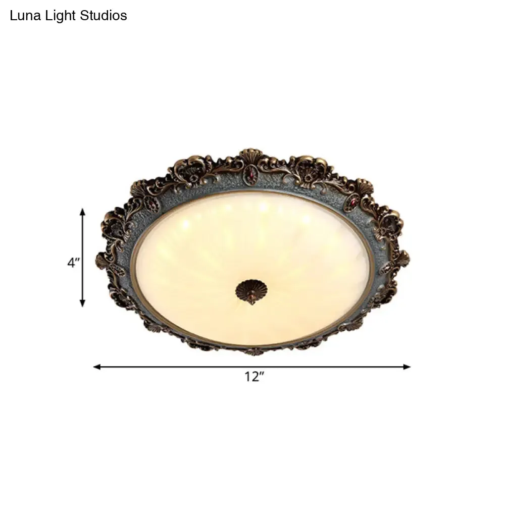 Rustic Brass Scalloped Round Flush Mount Ceiling Fixture with Milk Glass - LED, 3 Sizes - Countryside Bedroom Lighting