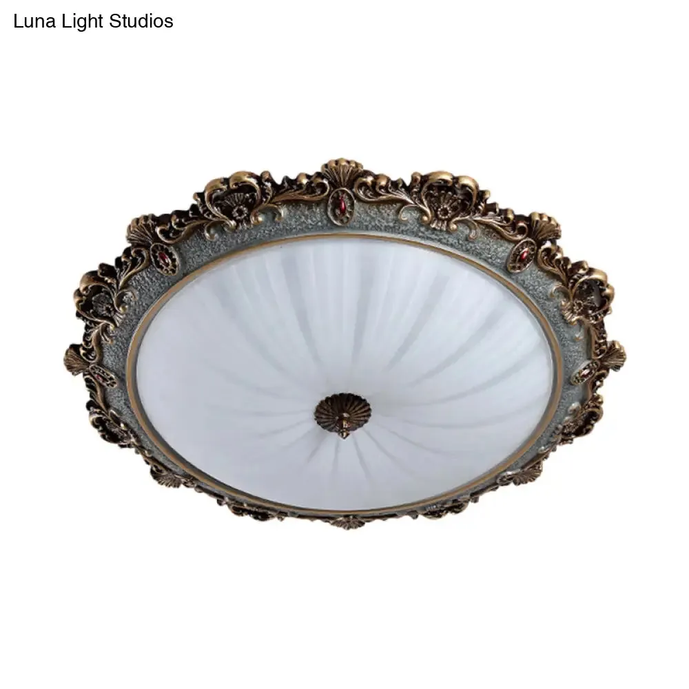 Rustic Brass Scalloped Round Flush Mount Ceiling Fixture with Milk Glass - LED, 3 Sizes - Countryside Bedroom Lighting